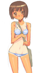Rule 34 | 1girl, bag, bikini, brown eyes, brown hair, head tilt, looking at viewer, nagy, navel, one-piece tan, parted lips, short hair, simple background, solo, standing, striped bikini, striped clothes, swimsuit, tan, tanline, white background, wide hips