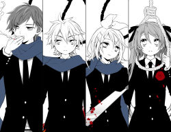 Rule 34 | 2boys, 2girls, 59 (seventhstar), black neckwear, bonesaw, cigarette, formal, hair ornament, hairclip, hatsune miku, holding, holding cigarette, kagamine len, kagamine rin, kaito (vocaloid), looking away, looking up, multiple boys, multiple girls, necktie, noose, rope, saw, sawblade, smoke, smoking, spot color, suit, twintails, vocaloid