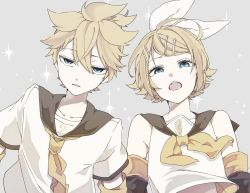 Rule 34 | 1boy, 1girl, armpit crease, bare shoulders, bass clef, blonde hair, blue eyes, close-up, collarbone, detached sleeves, dot nose, eiku, expressionless, eyes visible through hair, flat chest, grey background, hair ornament, hair ribbon, hairclip, half-closed eyes, kagamine len, kagamine rin, looking at viewer, musical note, necktie, open mouth, parted lips, ribbon, short hair, short sleeves, side-by-side, simple background, sparkle, sparkle background, tareme, teeth, treble clef, upper body, upper teeth only, very short hair, vocaloid, white ribbon, yellow neckwear, yellow theme