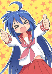 &gt;_&lt; 1girl :3 :d absurdres ahoge blue_hair closed_eyes double_thumbs_up highres izumi_konata long_hair long_sleeves lucky_star mole mole_under_eye neckerchief okaryu0606 open_mouth outline outstretched_arms pink_neckerchief pleated_skirt red_sailor_collar red_skirt ryouou_school_uniform sailor_collar school_uniform serafuku shirt skirt smile solo standing star_(symbol) thumbs_up upper_body very_long_hair white_outline yellow_background