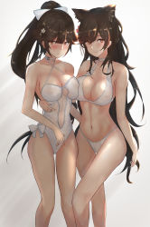 Rule 34 | 2girls, animal ears, asymmetrical docking, atago (azur lane), atago (summer march) (azur lane), azur lane, bikini, black hair, bow, breast press, breasts, brown eyes, casual one-piece swimsuit, cleavage, criss-cross halter, extra ears, feet out of frame, hair bow, hair flaps, halterneck, highres, large breasts, mole, mole under eye, multiple girls, one-piece swimsuit, ponytail, ribbon, simple background, standing, swimsuit, takao (azur lane), takao (beach rhapsody) (azur lane), white background, white bikini, white bow, white one-piece swimsuit, white ribbon, wolf ears, yusha m