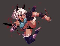 1girl barefoot belt_buckle belt_pouch black_giraffe blood blue_eyes bob_cut breasts buckle cat_girl claws collar crop_top dark-skinned_female dark_skin detached_leggings fingerless_gloves gloves grey_background groin groin_tendon large_breasts ms._fortune_(skullgirls) navel neck_bell open_mouth pouch short_hair skullgirls smile solo white_hair