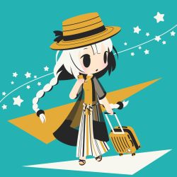 Rule 34 | 1girl, black eyes, black ribbon, blush, braid, cellphone, chibi, cobalta, flat color, full body, hat, hat ribbon, holding, holding phone, jewelry, kizuna akari, long hair, looking away, necklace, parted lips, phone, ribbon, sandals, smartphone, solo, star (symbol), suitcase, twin braids, voiceroid, white hair, yellow hat