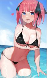 Rule 34 | 1girl, :p, arm under breasts, bikini, black bikini, blue eyes, blue sky, blunt bangs, blush, breast hold, breasts, butterfly hair ornament, cleavage, collarbone, day, front-tie bikini top, front-tie top, gatchan, go-toubun no hanayome, hair ornament, heart, highres, horizon, large breasts, nakano nino, navel, ocean, outdoors, resolution mismatch, short hair, side-tie bikini bottom, sky, smile, smug, solo, source smaller, swimsuit, thighs, tongue, tongue out, two side up, wading, wet