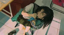 Rule 34 | 1girl, barefoot, black hair, black sailor collar, black skirt, blue neckerchief, blush, brown footwear, chair, couch, eating, from above, green eyes, hand up, head tilt, highres, holding, holding phone, holding spoon, indoors, loafers, looking at viewer, neckerchief, original, phone, pleated skirt, sailor collar, school uniform, serafuku, shirt, shoes, unworn shoes, short hair, short sleeves, sitting, skirt, solo, spoon, sunlight, table, white shirt, xilmo