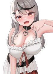 Rule 34 | 1girl, 9696k, :d, belt, black belt, blush, breasts, brown eyes, camisole, cleavage, collar, collarbone, fang, frilled camisole, frills, grey hair, hair ornament, hairclip, head tilt, heart pendant, highres, hololive, large breasts, long hair, looking at viewer, multicolored hair, open mouth, plaid, plaid skirt, red skirt, sakamata chloe, simple background, skin fang, skirt, smile, solo, strap lift, streaked hair, upper body, virtual youtuber, white background, x hair ornament