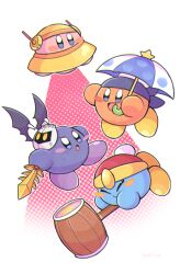 Rule 34 | :d, :o, arms up, artist name, bandana, bandana waddle dee, bandana waddle dee (cosplay), black wings, blue bandana, blue eyes, blush, blush stickers, closed eyes, closed mouth, commentary request, copy ability, cosplay, galaxia (sword), hammer, hat, holding, holding hammer, holding sword, holding umbrella, holding weapon, king dedede, king dedede (cosplay), kirby, kirby: planet robobot, kirby (series), mask, mask on head, meta knight, meta knight (cosplay), midooka (o k k), nintendo, open mouth, parasol, red headwear, signature, simple background, smile, spiked wings, spikes, star (symbol), sword, ufo, ufo kirby, umbrella, v-shaped eyebrows, weapon, white background, wings