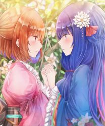 Rule 34 | 2girls, bad id, bad twitter id, blue eyes, blue hair, blue kimono, blush, flower, hair flower, hair ornament, hair tie, highres, holding hands, japanese clothes, kimono, lily (flower), long hair, looking at another, multicolored hair, multiple girls, namamake, open mouth, orange hair, pink hair, pink kimono, plant, purple hair, red eyes, setsuna (shironeko project), shironeko project, short hair, sidelocks, standing, towa (shironeko project), twintails, yuri