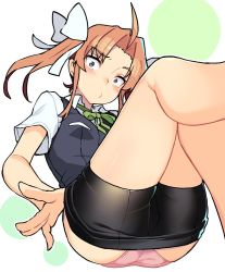 Rule 34 | 1girl, ahoge, ass, bike shorts, black shorts, black vest, blush, bow, breasts, brown eyes, brown hair, clothes pull, commentary request, forehead, green ribbon, hair bow, head tilt, kagerou (kancolle), kagerou kai ni (kancolle), kantai collection, knees up, long hair, looking at viewer, neck ribbon, one-hour drawing challenge, panties, pink panties, pulling own clothes, ribbon, shirt, short shorts, short sleeves, shorts, shorts pull, sidelocks, simple background, small breasts, solo, taketora suzume, thighs, twintails, underwear, vest, white background, white bow, white shirt