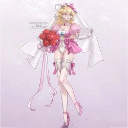 Rule 34 | 1girl, alternate costume, artist name, blonde hair, blue eyes, breasts, crown, detached sleeves, dress, earrings, flower, full body, gold, gradient background, grey background, heels, highres, jewelry, large breasts, lipstick, long hair, makeup, mario (series), necklace, nintendo, pearl necklace, princess ailish, princess peach, rose, signature, skirt, super mario bros. 1, thighhighs, veil, wedding dress, white thighhighs