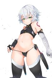Rule 34 | 1girl, absurdres, bandaged arm, bandages, bare shoulders, black panties, black thighhighs, blush, boots, breasts, cameltoe, crop top, curvy, facial scar, fate/apocrypha, fate/grand order, fate (series), fingerless gloves, gloves, green eyes, highres, jack the ripper (fate/apocrypha), looking at viewer, megu (pixiv9460065), navel, panties, scar, scar across eye, scar on cheek, scar on face, shiny skin, short hair, shoulder tattoo, side-tie panties, simple background, small breasts, smile, solo, standing, sweat, tattoo, thighhighs, thighs, thong, underwear, weapon, white background, white hair