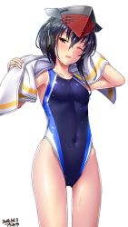 Rule 34 | 1girl, alternate costume, armpits, artist name, asymmetrical hair, black hair, blue one-piece swimsuit, brown eyes, competition swimsuit, covered navel, cowboy shot, dated, flat chest, gluteal fold, hair between eyes, hat, headphones, highleg, highleg swimsuit, highres, i-13 (kancolle), kantai collection, one-piece swimsuit, one eye closed, short hair, short hair with long locks, simple background, solo, standing, swimsuit, towel, tsuchimiya, tsurime, wet, wet clothes, wet swimsuit, white background, white towel