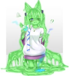 Rule 34 | !?, 1girl, animal ears, blush, collar, colored sclera, colored skin, commission, curss, fox ears, fox tail, green hair, green sclera, green skin, holding, holding test tube, jewelry, long hair, long sleeves, looking at viewer, melting, monster girl, necklace, one eye closed, original, parted lips, purple eyes, shirt, skeb commission, slime girl, solo, squiggle, sweater, tail, test tube, vial, white shirt, white sweater