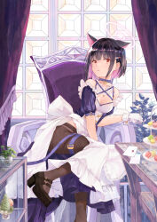 Rule 34 | 1girl, alternate costume, animal ears, apron, black footwear, black hair, black pantyhose, blue archive, cat ears, chair, choker, colored inner hair, food, forest 0, frilled apron, frills, gloves, hair ornament, hairclip, halo, high heels, highres, indoors, kazusa (blue archive), letter, macaron, multicolored hair, pantyhose, parted lips, pink hair, pink halo, puffy short sleeves, puffy sleeves, purple choker, red eyes, short hair, short sleeves, sitting, solo, waist apron, white apron, white gloves