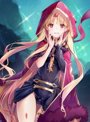 Rule 34 | 1girl, black dress, blonde hair, blush, cape, commentary request, dress, ereshkigal (fate), fate/grand order, fate (series), fur-trimmed cape, fur trim, gluteal fold, hands up, highres, hood, hood up, hooded cape, long hair, long sleeves, multicolored cape, multicolored clothes, parted bangs, parted lips, petals, purple cape, red eyes, single sleeve, skull, sleeves past wrists, smile, solo, sparkle, thigh gap, very long hair, yellow cape, yuya (night lily)
