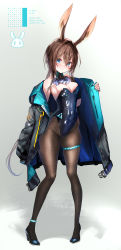 Rule 34 | 1girl, absurdres, amiya (arknights), animal ears, arknights, bare shoulders, black coat, black leotard, black pantyhose, blue eyes, blue footwear, blue leotard, blush, breasts, brown hair, character name, cleavage, closed mouth, clothes writing, coat, collarbone, commentary request, covered navel, detached collar, eyebrows hidden by hair, fake animal ears, full body, gradient background, hair between eyes, high heels, highres, infection monitor (arknights), leotard, long hair, medium breasts, pantyhose, playboy bunny, pottsness, rabbit ears, sidelocks, simple background, skindentation, solo, standing, thick thighs, thigh strap, thighs, translation request, twitter username, white background