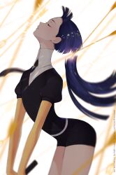 Rule 34 | 1other, androgynous, arched back, belt, blue hair, blunt bangs, closed eyes, collared shirt, contrapposto, cowboy shot, cutting hair, esthesiaan, facing up, floating hair, gem uniform (houseki no kuni), gold, golden arms, high collar, highres, holding, houseki no kuni, leaning, leaning forward, motion blur, necktie, other focus, phosphophyllite, phosphophyllite (ll), puffy short sleeves, puffy sleeves, severed hair, shirt, short hair, short shorts, short sleeves, shorts, slashing, solo, standing, straight hair, white belt, white shirt