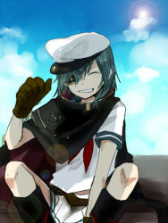Rule 34 | 10s, 1girl, annin musou, bad id, bad pixiv id, cape, closed eyes, day, eyepatch, gloves, grin, hat, kantai collection, kiso (kancolle), lens flare, remodel (kantai collection), sitting, sky, smile