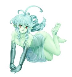 Rule 34 | 1girl, ahoge, aqua hair, barbariank, bare legs, bare shoulders, barefoot, breasts, colored skin, dress, drill hair, elbow gloves, elemental (creature), full body, gloves, green skin, green theme, huge ahoge, kenkou cross (company), long hair, looking at viewer, monster girl encyclopedia, no bra, no panties, petite, pointy ears, red eyes, see-through, small breasts, smile, soles, solo, spirit, sylph (monster girl encyclopedia), tattoo, transparent background, wind elemental
