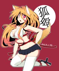 Rule 34 | 1girl, animal ears, breasts, dated, fox ears, fox tail, geta, hand on own hip, highres, large breasts, long hair, miniskirt, original, r-ko (rayla), red background, simple background, skirt, solo, tail, tengu-geta, thighhighs, very long hair, white thighhighs