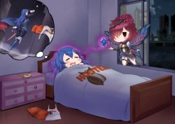 Rule 34 | 2girls, ass, bed, bedroom, black dress, blanket, blue footwear, blue gloves, blue hair, boots, building, chibi, chibi inset, city, cityscape, closed eyes, cloud, cloudy sky, commission, dreaming, dress, dutch angle, fairy wings, fingerless gloves, fire emblem, fire emblem awakening, fire emblem heroes, gloves, highres, hooters, igni tion, indoors, leggings, long hair, long sleeves, looking away, lucina (fire emblem), lying, multiple girls, night, night sky, nintendo, on back, on bed, pillow, purple hair, rain, raincoat, sheath, sheathed, short shorts, shorts, unworn shorts, sky, skyscraper, sleeping, sword, teardrop, thigh boots, trash can, triandra (fire emblem), water drop, wavy mouth, weapon, wet, wet clothes, window, wings