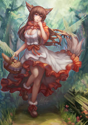 Rule 34 | 10s, 1girl, 2015, animal ears, apple, baguette, basket, bird, blue hair, boots, bow, bread, breasts, brown footwear, brown hair, cape, cleavage, dated, dress, female focus, food, forest, fruit, full body, holding, large breasts, light rays, little red riding hood, nature, orange (fruit), original, outdoors, parted lips, path, qblade, road, sideboob, signature, solo, standing, standing on one leg, tail, undersized clothes, walking, wolf ears, wolf girl, wolf tail