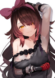 Rule 34 | 1girl, @ @, arm under breasts, arm up, armpits, arou (arrow x666), black dress, blush, bow hairband, brown hair, closed mouth, detached sleeves, dress, embarrassed, hair over one eye, hairband, highres, hololive, long hair, long sleeves, mechanical hands, orange eyes, presenting armpit, roboco-san, roboco-san (night dress), see-through, see-through sleeves, simple background, solo, upper body, virtual youtuber, white background