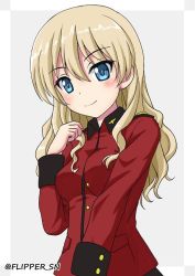 Rule 34 | 10s, 1girl, alternate hairstyle, blonde hair, blue eyes, blush, darjeeling (girls und panzer), flipper, girls und panzer, hair down, hand in own hair, jacket, long hair, long sleeves, looking at viewer, military, military uniform, red jacket, simple background, smile, solo, st. gloriana&#039;s military uniform, standing, twitter username, uniform, white background