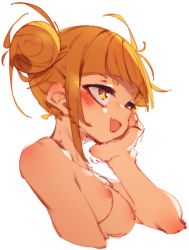 Rule 34 | 1girl, blonde hair, blunt bangs, blush, boku no hero academia, breasts, completely nude, double bun, hair bun, highres, messy hair, nipples, nude, open mouth, portrait, rasusurasu, sidelocks, simple background, solo, toga himiko, upper body, white background, yellow eyes