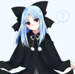 Rule 34 | 00s, 1girl, ?, black bow, black coat, blue background, blue hair, blush, bow, clothes lift, coat, dress, dress lift, empty eyes, facing viewer, hair bow, head tilt, large bow, len (tsukihime), long hair, looking at viewer, melty blood, pointy ears, pom pom (clothes), red eyes, simple background, solo, spoken question mark, tanaji, tsukihime, tsurime