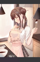 Rule 34 | 1girl, apron, bad id, bad twitter id, blurry, blush, bowl, breasts, brown eyes, brown hair, ceiling light, chocolate, chocolate making, clothes writing, cowboy shot, depth of field, double bun, eyelashes, frilled apron, frills, grey shirt, hair bun, hair over shoulder, highres, holding, idolmaster, idolmaster shiny colors, indoors, kitchen, large breasts, letterboxed, licking, licking finger, long sleeves, looking away, looking down, medium breasts, miniskirt, mixing bowl, neck ribbon, pink apron, plaid, plaid skirt, pleated skirt, profile, refrigerator, ribbon, shirt, sidelocks, skirt, sleeves rolled up, solo, sonoda chiyoko, soya (torga), spatula, tasting, thumbs up, tongue, tongue out, twintails, whisk, yellow ribbon