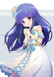 Rule 34 | 1girl, absurdres, alternate costume, bare shoulders, blue ribbon, blunt bangs, blush, closed mouth, commentary request, dress, eyelashes, feet out of frame, floating hair, flower, furude rika, gloves, grey background, hair flower, hair ornament, hands up, highres, higurashi no naku koro ni, interlocked fingers, long dress, long hair, looking at viewer, nishizuki shino, own hands together, print dress, purple eyes, purple hair, ribbon, sidelocks, simple background, sleeveless, sleeveless dress, smile, solo, split mouth, standing, straight hair, tareme, wedding dress, white dress, yellow flower, yellow gloves