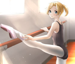 Rule 34 | 1girl, alternate costume, athletic leotard, ballerina, ballet, ballet slippers, barre, black leotard, blonde hair, blue eyes, blurry, commission, cowboy shot, depth of field, highres, kantai collection, leotard, looking at viewer, maikaze (kancolle), pantyhose, parted bangs, pixiv commission, ponytail, short hair, solo, standing, standing on one leg, tama (tamago), white pantyhose