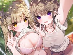 Rule 34 | 2girls, arm up, blurry, blurry background, blurry foreground, bra, bralines, breasts, brown hair, cleavage, clothes lift, depth of field, double w, gym uniform, hair ornament, hairclip, highres, lifting own clothes, light brown hair, long hair, mafuyu (chibi21), mouth hold, multiple girls, non-web source, original, outdoors, pink bra, purple eyes, selfie, shirt lift, twintails, underwear, v, w, yellow eyes