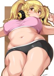 Rule 34 | 1girl, armpits, bad id, bad pixiv id, bike shorts, blonde hair, blouse, blush, breasts, breasts apart, chestnut mouth, covered erect nipples, cowboy shot, headphones, highres, large breasts, looking at viewer, midriff, moisture (chichi), navel, nitroplus, no bra, outside border, pink shirt, plump, shirt, short shorts, shorts, simple background, skindentation, solo, super pochaco, thighs, twintails, wide hips, yellow eyes