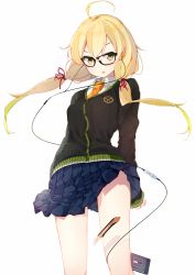 Rule 34 | 1girl, ahoge, benio (dontsugel), black-framed eyewear, blonde hair, boxcutter, buttons, cardigan, earphones, glasses, highres, long hair, looking at viewer, low twintails, minidisc player, mole, mole under eye, necktie, nmaaaaa, open mouth, orange necktie, original, pleated skirt, simple background, skirt, solo, twintails, white background, yellow eyes