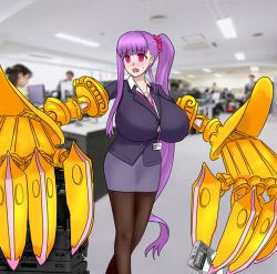 Rule 34 | blush, breasts, buttons, claws, fate/extra, fate/extra ccc, fate/grand order, fate (series), highres, huge breasts, id card, image background, lanyard, leggings, long hair, magenta eyes, metal arms, office, office lady, pantyhose, paper, passionlip (fate), photocopier, purple hair, raskasar, scrunchie, very long hair