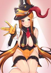 Rule 34 | 1girl, absurdres, animal hat, bare shoulders, beast, black gloves, black hair, covered navel, dog hat, fang, gloves, hat, highres, kira kazuki, leotard, looking at viewer, multicolored clothes, multicolored gloves, neckwear request, orange gloves, orange hair, orange leotard, original, red eyes, red neckwear, sitting, smile, solo, teeth, tongue, tongue out, waving, zipper