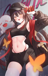 1girl absurdres alternate_costume black_jacket black_nails boo_tao_(genshin_impact) breasts brown_hair crop_top flower flower-shaped_pupils genshin_impact ghost hat highres holding holding_phone hu_tao_(genshin_impact) jacket jewelry long_hair long_sleeves looking_at_viewer natsunoyoi navel phone red_eyes ring shorts smile solo stomach streetwear symbol-shaped_pupils twintails very_long_hair