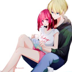 Rule 34 | 1boy, 1girl, absurdres, arima kana, blonde hair, blue eyes, blush, bob cut, book, breasts, chromatic aberration, commentary, couple, cup, foot out of frame, green hoodie, green pants, hair between eyes, hetero, highres, holding, holding cup, hood, hoodie, hoshino aquamarine, inverted bob, lilac10, medium breasts, medium hair, mismatched pupils, no pupils, no shoes, open book, open mouth, oshi no ko, pants, parted lips, pink shorts, red eyes, red hair, screentones, shirt, short hair, short sleeves, shorts, simple background, sitting, socks, star-shaped pupils, star (symbol), symbol-shaped pupils, toenails, toes, twitter username, white background, white shirt, white socks