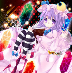 Rule 34 | 1girl, bad id, bad pixiv id, blush stickers, book, crystal, female focus, hat, nonaka, patchouli knowledge, purple eyes, purple hair, solo, striped clothes, striped thighhighs, thighhighs, touhou