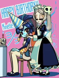 Rule 34 | 2girls, apron, birthday, bloody marie (skullgirls), blue skin, brooch, candle, chair, colored sclera, colored skin, dress, closed eyes, fins, fire, fish girl, grey hair, hair ornament, hands on another&#039;s shoulders, hat, highres, jewelry, juliet sleeves, kuroirozuki, long sleeves, maid headdress, minette (skullgirls), multiple girls, party hat, pink background, pink pupils, ponytail, puffy sleeves, scales, shell hair ornament, sitting, skeleton, skull, skull hair ornament, skullgirls, smile, thighhighs, twintails, yellow sclera