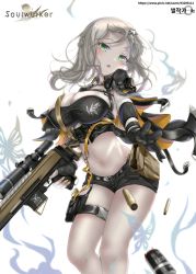 Rule 34 | 1girl, :o, asymmetrical gloves, belt, black gloves, black shirt, black shorts, breasts, byeoljagga, cape, cleavage, crop top, fingerless gloves, gloves, green eyes, gun, highres, holding, holding gun, holding weapon, large breasts, lee nabi, long hair, looking at viewer, midriff, nail polish, navel, open mouth, outstretched arm, pouch, rifle, scope, shell casing, shirt, short shorts, shorts, silver hair, sleeveless, sleeveless shirt, sniper rifle, solo, soulworker, stomach, thigh strap, thighs, trigger discipline, uneven gloves, weapon, yellow nails