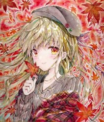 Rule 34 | 1girl, autumn, autumn leaves, beret, blonde hair, blush, closed mouth, grey hat, grey sweater, hand up, hat, highres, holding, holding leaf, leaf, long hair, long sleeves, looking at viewer, maple leaf, mizuki yuuma, nail polish, original, painting (medium), plaid, puffy long sleeves, puffy sleeves, red eyes, red nails, ribbed sweater, sleeves past wrists, smile, solo, sweater, traditional media, upper body, watercolor (medium)