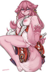 Rule 34 | 1girl, animal ears, animal feet, animal nose, anus, barefoot, body fur, breasts, breasts out, clothing aside, commentary, dress, dress aside, ear piercing, feet, fox ears, furrification, furry, furry female, genshin impact, hair between eyes, hand on own ass, hand on own chest, highres, large breasts, long hair, looking at viewer, lying, navel, nipples, on back, piercing, pink fur, pink hair, purple eyes, pussy, seraziel, simple background, smile, soles, solo, toes, uncensored, white background, white dress, yae miko