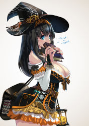 Rule 34 | amano cigusa, bag, belt, black hair, blue eyes, blush, bookbag, breasts, cleavage, covering face, english text, from side, halloween, hat, idolmaster, jack-o&#039;-lantern, lock, long hair, sagisawa fumika, solo, trick or treat, witch, witch hat