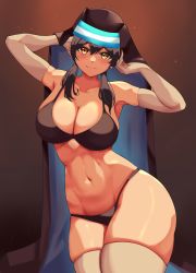 Rule 34 | 1girl, absurdres, armpits, bare shoulders, bikini, black background, black bikini, black hair, blush, breasts, cleavage, collarbone, commentary, cowboy shot, cromwellb, curvy, elbow gloves, en&#039;en no shouboutai, gloves, groin, habit, hair between eyes, hands up, highres, large breasts, long hair, looking at viewer, low twintails, midriff, navel, shiny skin, sidelocks, simple background, skindentation, smile, solo, standing, swimsuit, tamaki kotatsu, thick thighs, thighhighs, thighs, twintails, white gloves, white thighhighs, yellow eyes