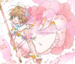 Rule 34 | 1girl, blush, bracelet, brown hair, cardcaptor sakura, cherry blossoms, collared dress, dress, green eyes, hair ornament, happy birthday, holding, holding wand, jewelry, kinomoto sakura, looking at viewer, magical girl, open mouth, petals, pink dress, rii2a77ru, short hair, smile, solo, wand