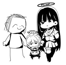 Rule 34 | 1boy, 2girls, apron, doodle sensei (blue archive), blue archive, chibi, closed eyes, closed mouth, commentary request, greyscale, hair between eyes, halo, holding hands, jacket, jitome, juliet sleeves, long sleeves, maid, maid apron, maid headdress, monochrome, multiple girls, nyaru (nyaru 4126), parted lips, pleated skirt, puffy sleeves, rio (blue archive), sensei (blue archive), shirt, simple background, skirt, thighhighs, toki (blue archive), white background