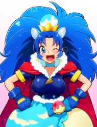 Rule 34 | 10s, 1girl, ;d, alternate breast size, animal ears, bakusai, blue bow, blue gloves, blue hair, blue neckwear, blue shirt, blue skirt, bow, breasts, cape, choker, cowboy shot, crown, cure gelato, earrings, extra ears, gloves, gradient background, hands on own hips, jewelry, kirakira precure a la mode, large breasts, layered skirt, lion ears, long hair, looking at viewer, mini crown, one eye closed, open mouth, pink background, precure, red cape, shirt, simple background, skirt, smile, solo, tategami aoi, white background, white skirt